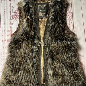 Guess Los Angeles Luxurious Faux Fur Vest in Brown and Black W/beaded armholes